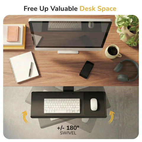 Adjustable Under Desk Keyboard And Mouse Tray Smooth Glide Platform featuring a swivel design and ergonomic layout on a desk.