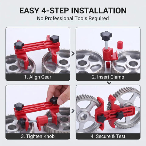 4-step installation of 9 Piece Universal Engine Camshaft Clamp Locking Tool Kit For Dual Overhead Cam Motors with red nylon clamps