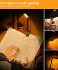 Rechargeable Clip On Reading Light with 16 LED, 3 color temperatures and stepless dimming in use for bedtime reading.