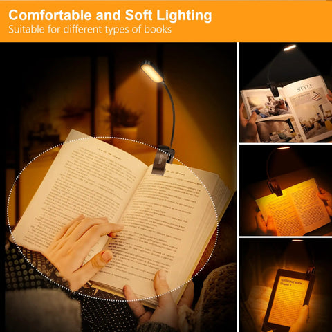 Rechargeable Clip On Reading Light with 16 LED, 3 color temperatures and stepless dimming in use for bedtime reading.