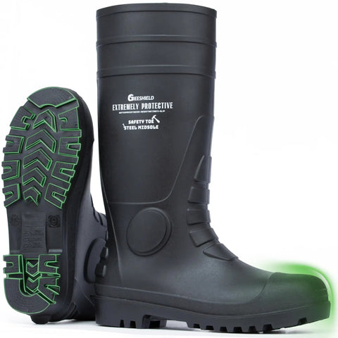 Mens Steel Toe Rain Boots PVC Rubber Waterproof Knee High Work Boots For Construction Agriculture Industrial And Heavy Duty Outdoors Slip Resistant Garden And Fishing Gear Size 9. Side and sole view.