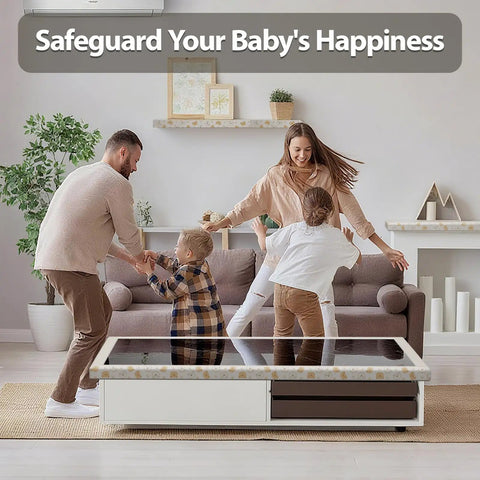 Family enjoying time in a living room with Heavy Duty Baby Proofing Edge Protectors 6.5Ft Super Dense Soft Rubber Foam furniture safety.