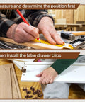 Installing false drawer front clips set dark brown 8 pieces with screws, measuring position and attaching clips to cabinet front.