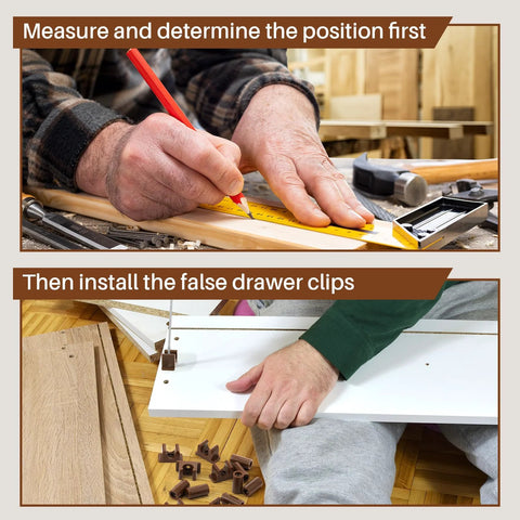 Installing false drawer front clips set dark brown 8 pieces with screws, measuring position and attaching clips to cabinet front.