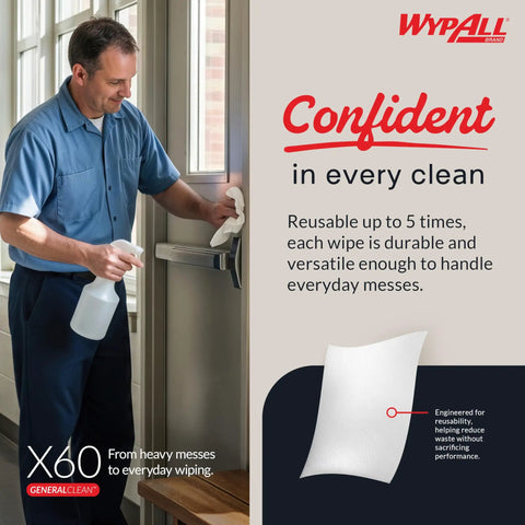 Man cleaning window with GeneralClean X60 Multi-Task Cleaning Cloths, showing durability and reusability in industrial setting.