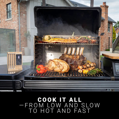 Four Probe Wireless Smart Meat Thermometer For Grill, BBQ, Oven, And Sous Vide with various meats on gas grill
