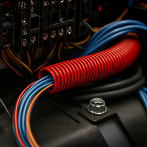 3/4 Inch Split Wire Loom Tubing 10 Foot Polyethylene Corrugated Flexible Conduit protecting blue and orange wires in an electrical setup.