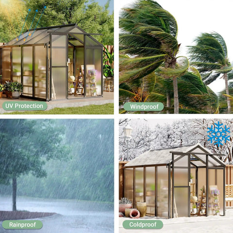 6x8 Ft Greenhouse Kit With Aluminum Frame, Polycarbonate Panels, Walk In Design, Adjustable Roof Vent, Sliding Door, Secure Lock, Sturdy Outdoor Garden Patio Backyard Shelter