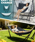 Woman relaxing in 2 In 1 Hammock And Swing Chair With Collapsible Steel Stand And Carrying Case Portable And Adjustable for outdoor use