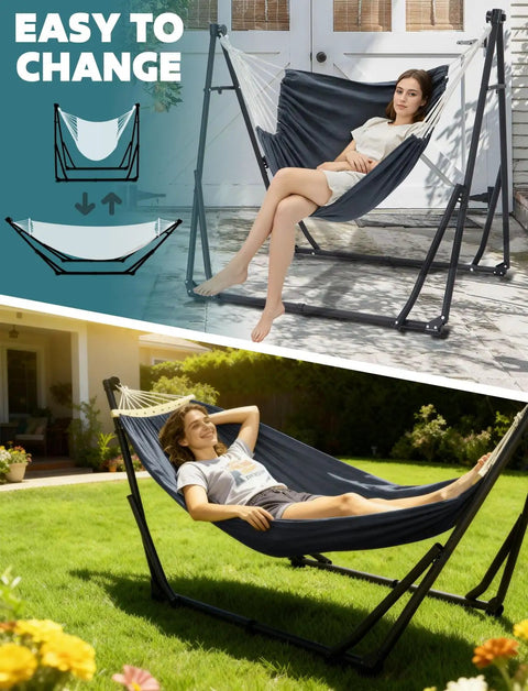 Woman relaxing in 2 In 1 Hammock And Swing Chair With Collapsible Steel Stand And Carrying Case Portable And Adjustable for outdoor use
