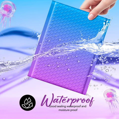 Must Have Cute Design Bubble Mailers 6x10 Inch 100 Pack Opaque Padded Envelopes Self Seal Pattern Shipping Envelopes With Thick Bubble Padding Blue Purple Design For Jewelry Makeup Cards And Small Accessories submerged in water showing waterproof feature