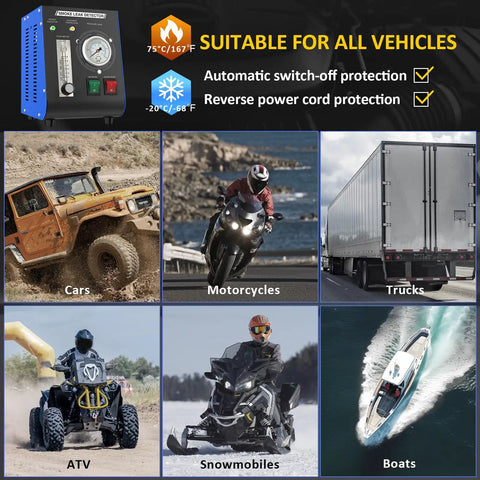 Leak Detection Smoke Machine With Built In Air Pump And Flow Meter 19 PSI Dual EVAP Mode Pro Grade Diagnostic Tester Kit For All Vehicles Pipe Systems ATVs Boats And Motorcycles showing cars, motorcycles, trucks, ATVs, snowmobiles and boats