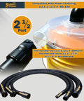 SplashPower Low Profile Cyclone Dust Separator For Shop Vac showing 2-1/2 inch hose attachment, black hose with label and clear connection.