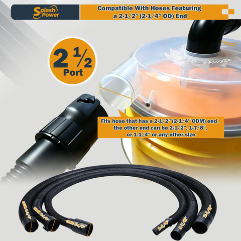 SplashPower Low Profile Cyclone Dust Separator For Shop Vac showing 2-1/2 inch hose attachment, black hose with label and clear connection.