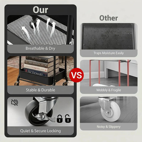 Comparison of 3 Tier Foldable Rolling Cart With Wheels with breathable mesh, durable shelf vs other models trapping moisture.