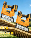 Cordless Brad Nailer 18 Gauge Electric Finish Nail Gun With Two High Capacity Batteries And 200 Piece Kit on wood with nails.
