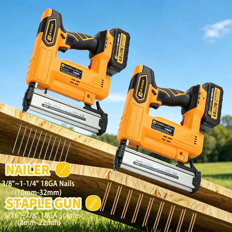 Cordless Brad Nailer 18 Gauge Electric Finish Nail Gun With Two High Capacity Batteries And 200 Piece Kit on wood with nails.