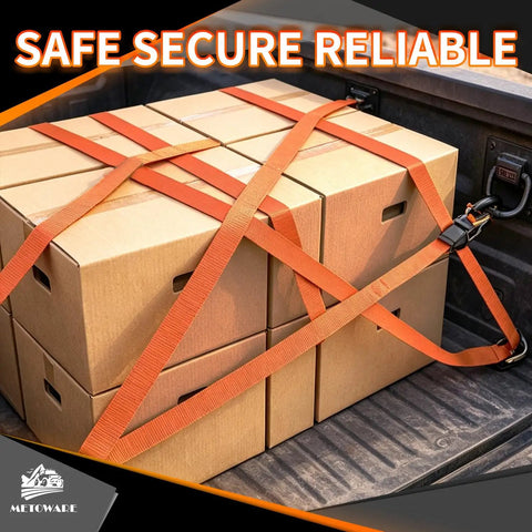 Heavy Duty Ratchet Tie Down Straps 4 Pack One Inch By Fifteen Feet With Rubber Grip Buckles And Soft Loop Hooks lashing orange straps securing boxed cargo in truck bed.