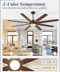 3-color temperature display of 65 Inch Black Indoor Outdoor Ceiling Fan With Lights and Remote in a modern living room.