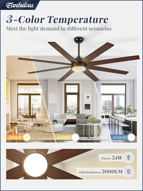3-color temperature display of 65 Inch Black Indoor Outdoor Ceiling Fan With Lights and Remote in a modern living room.