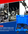 14 Piece Snap Ring Pliers Set With Straight And Bent Pliers, Long Reach No Slip Grip in a blue case shown next to automotive gears.