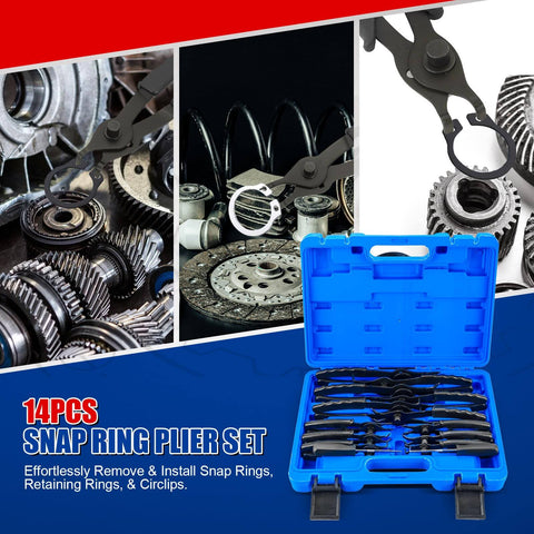 14 Piece Snap Ring Pliers Set With Straight And Bent Pliers, Long Reach No Slip Grip in a blue case shown next to automotive gears.