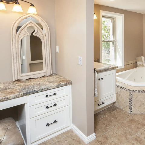 Elegant bathroom with white cabinets featuring No-Fuss In-Wall Countdown Timer Switch 15, 30, 60 Minute Or 2, 4 Hour.