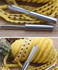 Pineapple Eye Peeler And Remover Tool Set With V Shape Stainless Steel Blades beside peeled pineapple on wooden surface