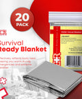 Mylar Rescue Emergency Blanket For Survival, Extra Large 54 By 84 Inch Silver Thermal Sheet Reflects Heat Up To 90 Percent, packaging and folded blanket in foreground, 20 count pack shown.