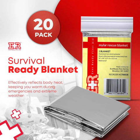 Mylar Rescue Emergency Blanket For Survival, Extra Large 54 By 84 Inch Silver Thermal Sheet Reflects Heat Up To 90 Percent, packaging and folded blanket in foreground, 20 count pack shown.