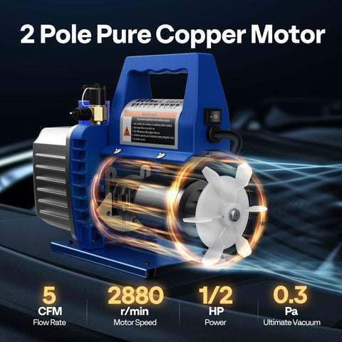 Front view of blue VIVOHOME 110V 1/2 HP dual-stage rotary vane HVAC vacuum pump with oil bottle