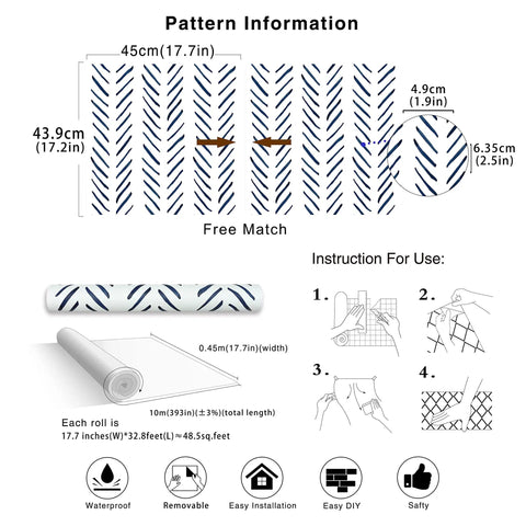 Pattern details and installation guide for Peel And Stick Navy White Chevron Wallpaper For Walls Removable Vinyl Self Adhesive Mural With Textured Matte Finish Boho Style Stripes Repositionable And Waterproof No Mess Easy Peasy Install Cut To Fit 17.7In X 32.8Ft