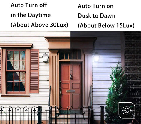 Dusk To Dawn Smart Sensor Light Bulbs 12W 100W Equivalent E26 Cool White 6000K 1000LM installed outdoor showing on-off functionality