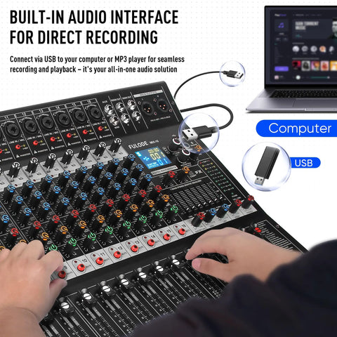 User operating 16 Channel Audio Mixer With Bluetooth And USB Playback 99 DSP Effects Digital Mixing Console For Studio And Live