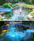 Daytime and nighttime view of 660GPH Pond Filter With RGB Auto Cycle LED Lights And Built In 40W Pump in garden pond setup