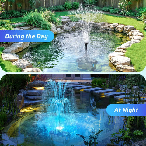 Daytime and nighttime view of 660GPH Pond Filter With RGB Auto Cycle LED Lights And Built In 40W Pump in garden pond setup