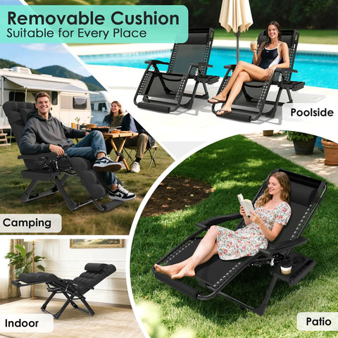 Oversized Zero Gravity Lounge Chair 29 Inch XL With Removable Cushion And Headrest Reclining Camping And Patio Chair With Upgraded Lock And Footrest For Indoor Outdoor Use displayed in various settings.