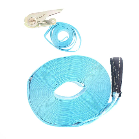 Slackline Kit 60ft Complete Set With Ratchet Training Line Bark Protectors And Instructions For Kids And Adults Three Color Options Including Neon Green, showing blue slackline and ratchet.