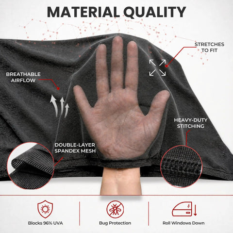Hand stretching a breathable double-layer spandex mesh window shade, highlighting material quality for Kid Friendly Car Window Shades For Baby And Pets, Breathable Full Coverage Mesh, Privacy And Sun Heat Protection, 2 Pack With 8 Sizes, Keeps Interior Cooler, Real 97 Percent UV Protection, Great For Travel And Car Camping.