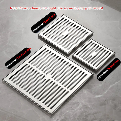 Rock Solid Removable Square Trench Drain Cover With Frame Crafted From Premium 304 Stainless Steel, three sizes displayed.