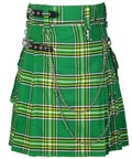 Mens Plaid Kilt With Adjustable Cowhide Leather Strap Detachable Cargo Pouch Chain Casual Streetwear Rugged Outdoor Style 40 Inch Length From Navel For Active Hiking Gear in vibrant green tartan pattern