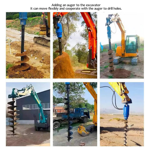 200mm Manganese Steel Excavator Earth Auger Attachment For Pile Drilling And Fence Post Holes Built Tough Heavy Duty Post Hole Digger Bit With Spiral Shaft And Bottom Cutting Blades Fits Compact Excavators in use.