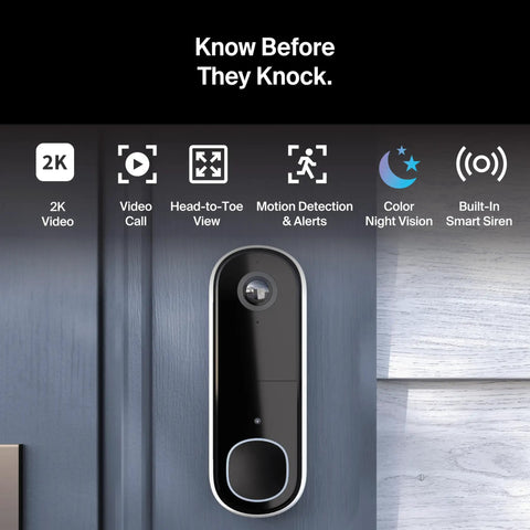 Black 2K Video Doorbell with Chime 2 on a wooden door, displaying features like night vision and motion detection for security.
