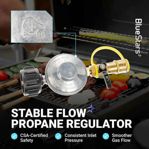 Propane Quick Connect Adapter For Gas Grills And Heaters in use, showing CSA-certified safety and consistent gas flow on BBQ grill.