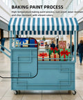Hustle Ready Portable Mobile Vendor Cart, Dope Flower Display Stand With Heavy Duty Awning, Street Smart Pop Up Food Stall For Market Crafts, Golden Wide Countertop Rack with vibrant colors.