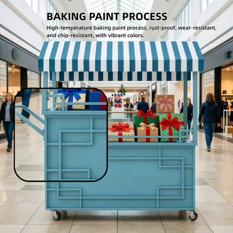 Hustle Ready Portable Mobile Vendor Cart, Dope Flower Display Stand With Heavy Duty Awning, Street Smart Pop Up Food Stall For Market Crafts, Golden Wide Countertop Rack with vibrant colors.