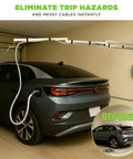 Heavy Duty Ev Cord Holder With Wall Mount Design And Adjustable Boom Arm To Tame Those Messy Level 2 Charging Cables And Keep Your Garage Floor Totally Clear In Matte Black mounted over an electric vehicle in a garage.