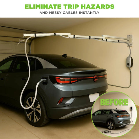 Heavy Duty Ev Cord Holder With Wall Mount Design And Adjustable Boom Arm To Tame Those Messy Level 2 Charging Cables And Keep Your Garage Floor Totally Clear In Matte Black mounted over an electric vehicle in a garage.