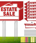 Estate Sale Signs Kit With Double Sided Arrows And Metal Stakes Includes Large And Small Signs Neon Fluorescent Pricing Stickers And SelfAdhesive Labels Go-To Yard Sale Directional Signage For Quick Customer Traffic. Red estate sale signs with metal stakes, arrows, and pricing stickers