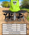 Green 18 Inch Electric Tiller Cultivator with 13.5 Amp Motor and 6 Steel Tines on freshly tilled soil
